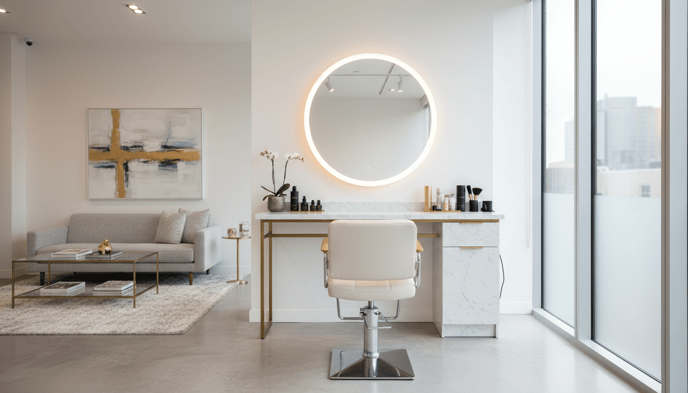 Modern luxury salon suite with professional styling station and contemporary design