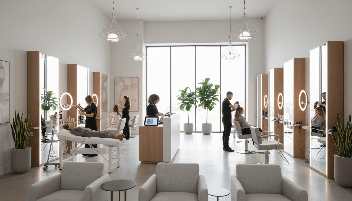 Modern luxury salon suite with private workspace, professional lighting, and upscale design in Coral Gables