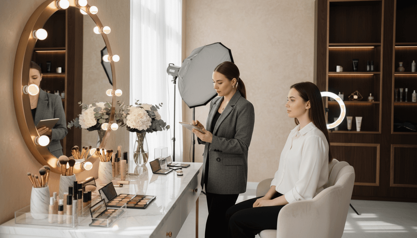 Professional makeup studio vanity with organized cosmetics, illuminated mirror, makeup artist consulting with client in elegant beauty workspace